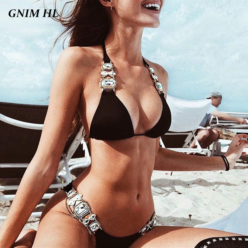 

GNIM Rhinestone Metal Chain Bikini Swimsuit Woman Bandage Solid Swimwear 2021 Brazilian Sexy Bikini Bathing Suit Women Two Piece, Bz2019-026 red
