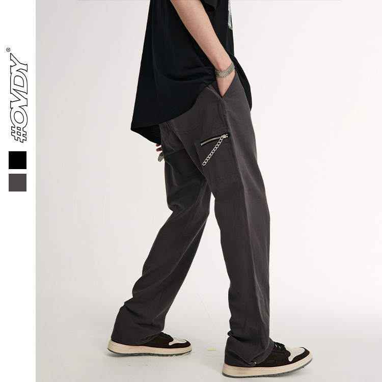

wxwovdy men's spring and autumn new product simple fashion brand versatile back zipper pocket solid color leisure straight, Black