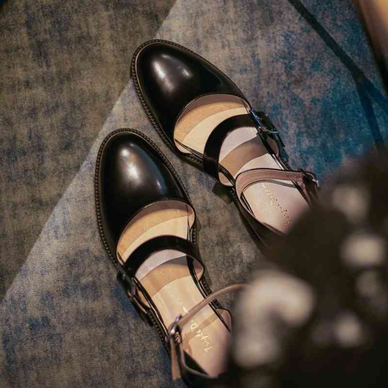 

dress shoes summer women vintage genuine leather low-heel ankle--wrap buckle strap sandals black ladies sweet girls dwgq