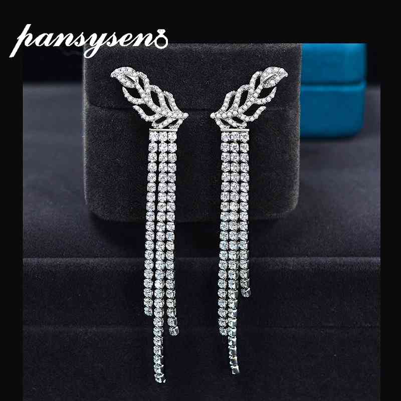 

PANSYSEN Top Quality 925 Sterling Silver Long Tassel Leaf Created Moissanite Diamond Earrings for Women Wedding Fine Jewelry