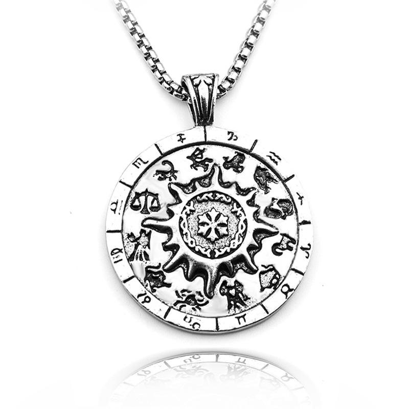 

Titanium Steel 12 Constellation Stainless Sun God Necklace Pendant Necklaces, Silver