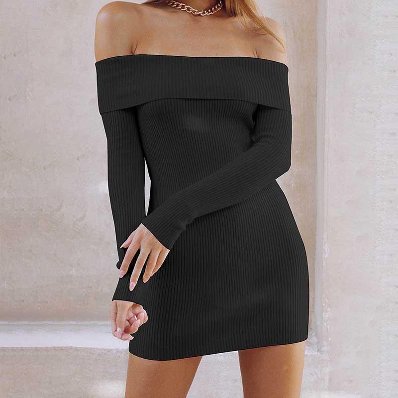 

Casual Dresses 2022 Autumn Winter Sexy Female Party Dress Off-shoulder Black Ribbed Office Elegant Ladies Torticollis Tight For Women, Gray