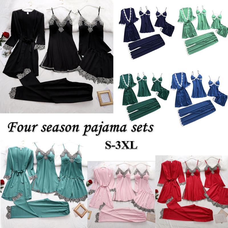 

Women' Sleepwear Women Pajama 5-Piece Set 2021 Fashion Solid Color V-neck Laxe Robe Pijama Mujer Female Sexy Four Season Dress, Green b