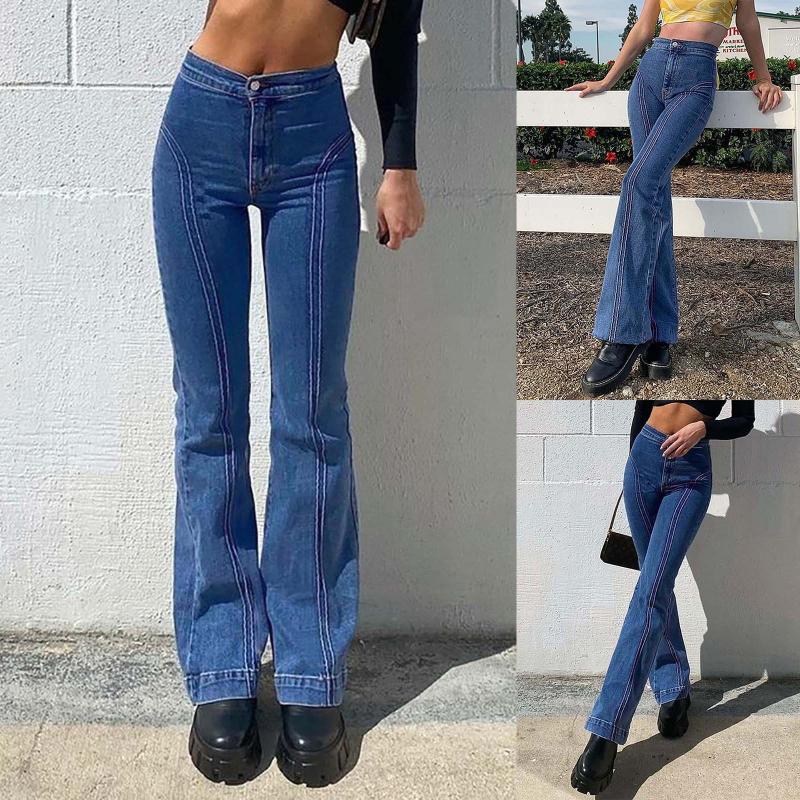 

Women' Jeans Harajuku Straight Pants Fashion Mid-Waist Retro Stitching Trousers Hip Iifting Slim Straight- Leg Vintage, Blue