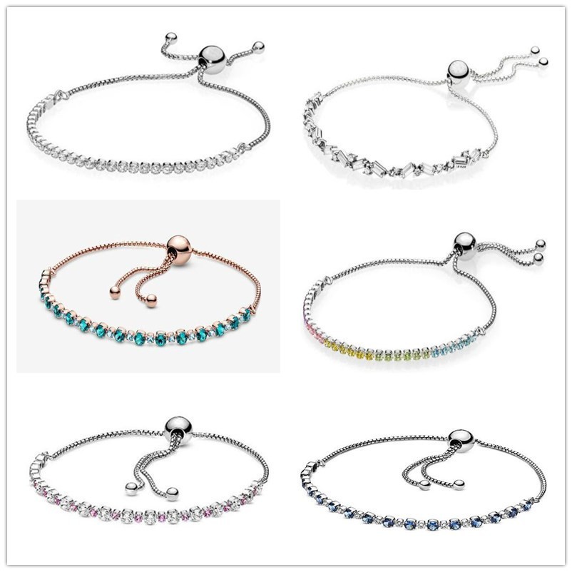 

925 Sterling Silver Pan Bracelet Turquoise Sparkling Slider Tennis Blue Stones For Women Jewelry
