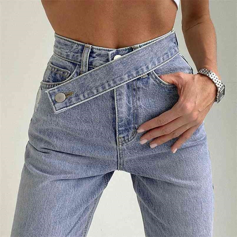 

Spring Women Straight Leg Jeans Fashion Irregular Belt High Waisted Boyfriend Woman Casual Loose Harajuku Denim Pants 210720, Light blue