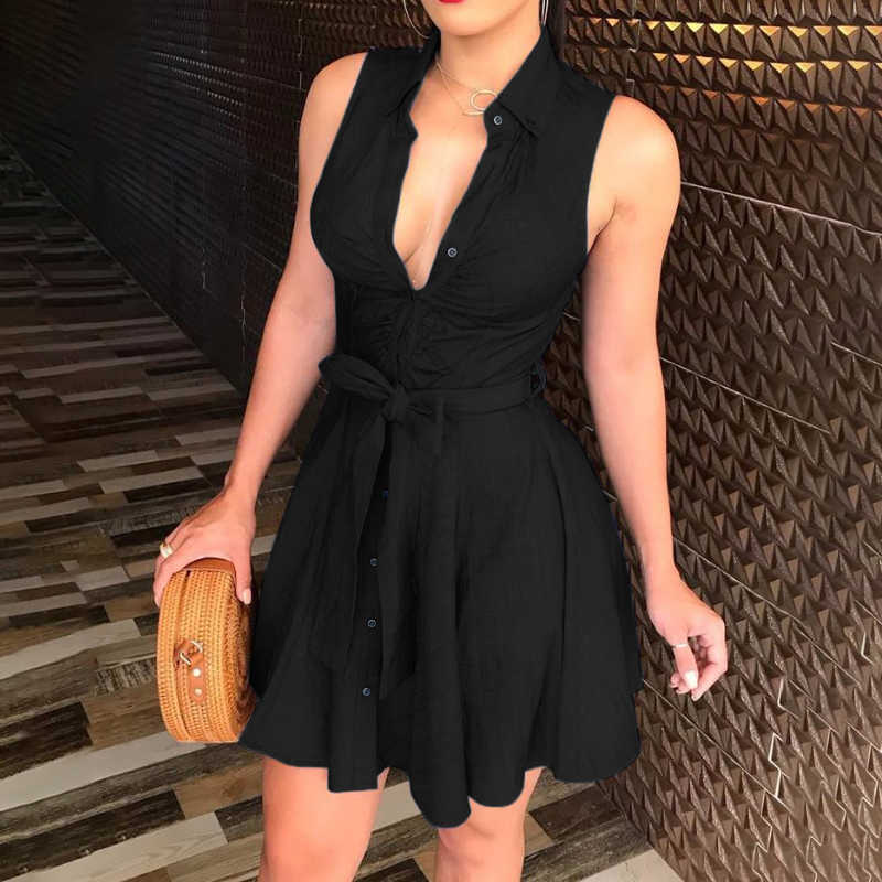 

Summer Sleeveless Sexy Deep V Neck Off The Shoulder Solid Color Dress for Women High Waist Mini Dresses Club Wear A Line Clothes Y0603, Black
