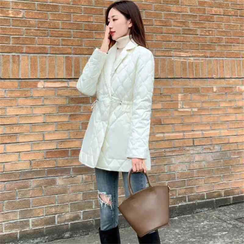 

Winter Women Bright Surface Suit Collar Coat Outwears Female Warm Thick Down Elastic Waist s 90% White Duck 210519, Black