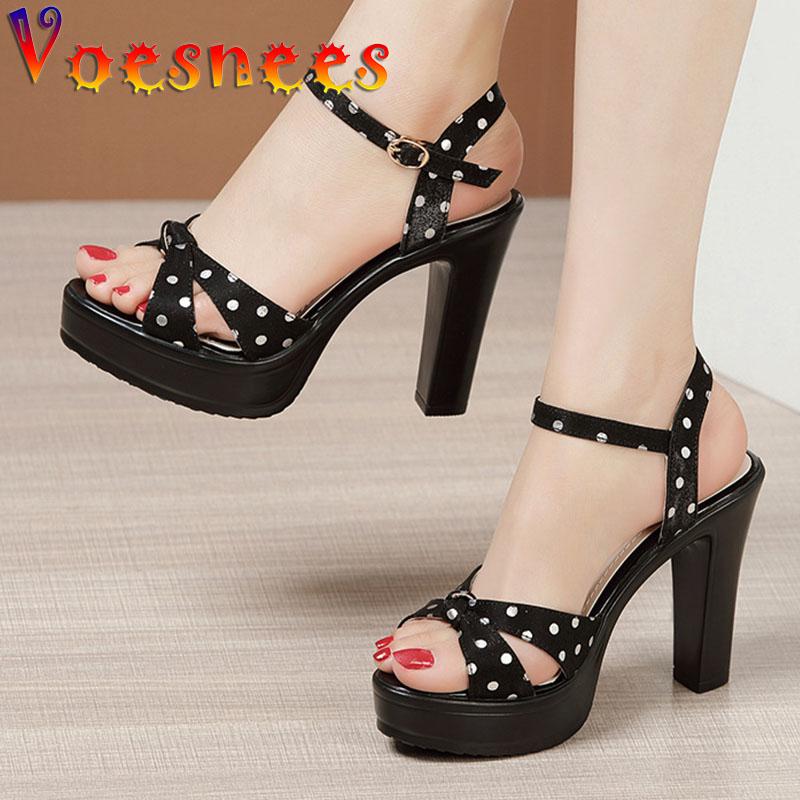 

Women Sandals 2021 Summer Bow Buckle Strap Comfortable Superfine Fiber Polka Dot Pattern Thick Heel High Shoes, Black