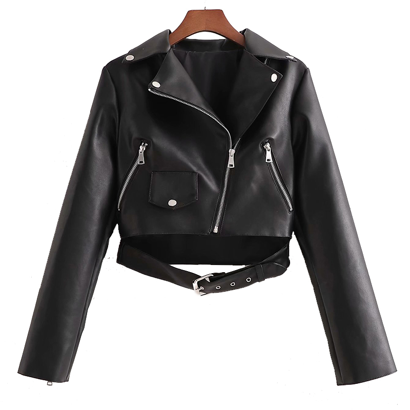 

Spring Autumn Women Faux Leather Jacket Ladies Solid With Belt Zipper Biker Coat Female Casual Outwear 210520, Black