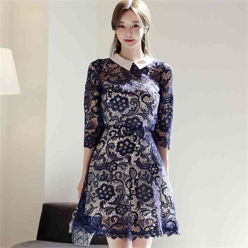 

Spring Women Korea Sexy Hollow out Lace Peter Pan Collar for Sweet High Waist Slim Elegant A-Line Dresses Vestidos 210519, Photo color