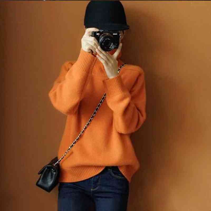 

autumn winter orange turtleneck cashmere sweater women thickened pullover sweater casual basic jumper knitted loose, White;black