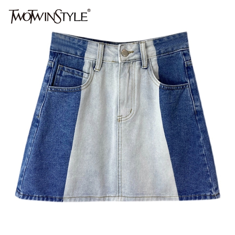 

Casual Hit Color Denim Skirts For Women High Waist Patchwork Pockets A Line Mini Female Summer Stylish 210521, Blue