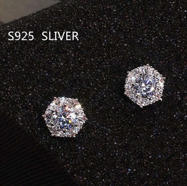 

Real S925 Sterling Stud Earrings Simple Fashion Women Wedding Bridal Jewelry Round Cut White Topaz CZ Diamond Gemstones Party Gift