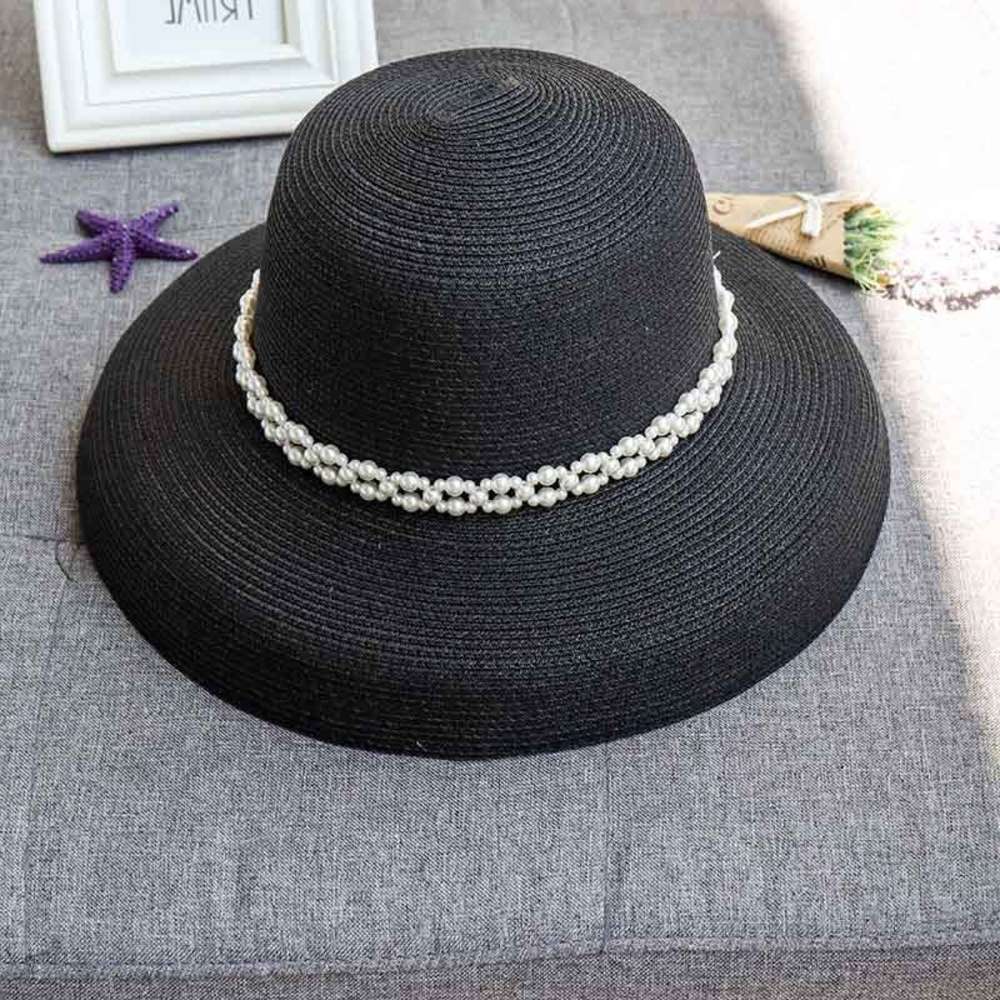 

French Hepburn hat pearl Big Brim Straw Hat Women summer beach sun fashion, Blue;gray