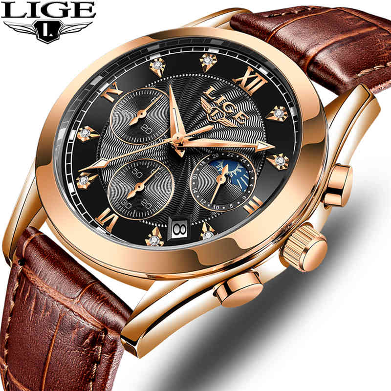 

LIGE Men Sport Clock Drop Luminous Waterproof Quartz Watches Men Multifunction Chronograph Wrist Watch Free Drop 210517, Rose gold black l