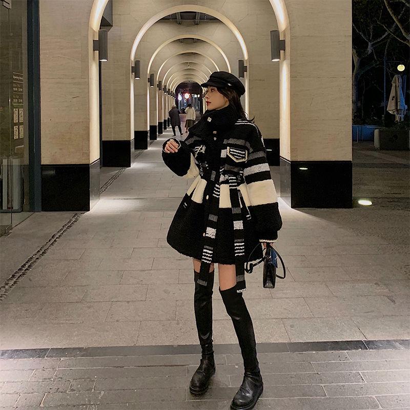 

Women's Fur & Faux 2021 Women Autumn Winter Lamb Coats Female Long Loose Patchwork Outwear Ladies Thick Plush Jackets U881, Black