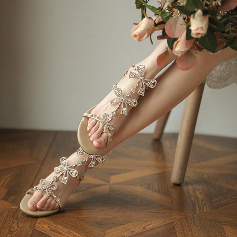 

Summer Sandals Women Golden Gladiator Elegant Rhinestone Bow Leather Female Shoes Open Toe Ankle Strap Party For Dress