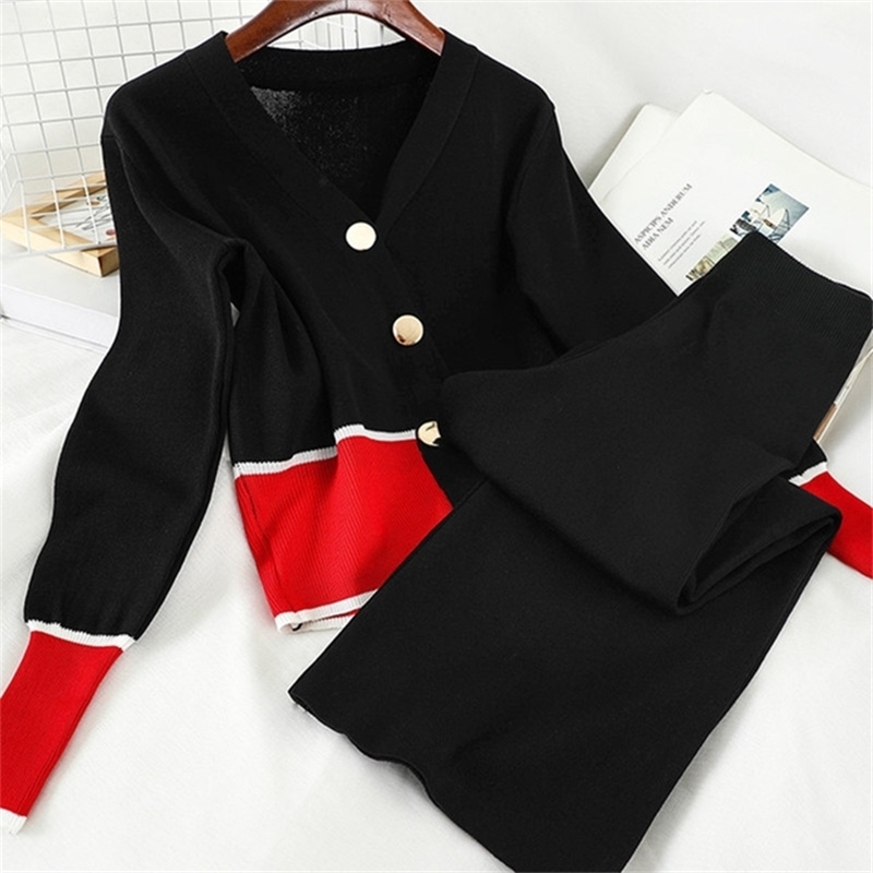 

Autumn Korean Two Piece Set For Women V-Neck Long Sleeve Knitted Sweatshirt Harem Pants Suit Female Fashion 210603, Picture color