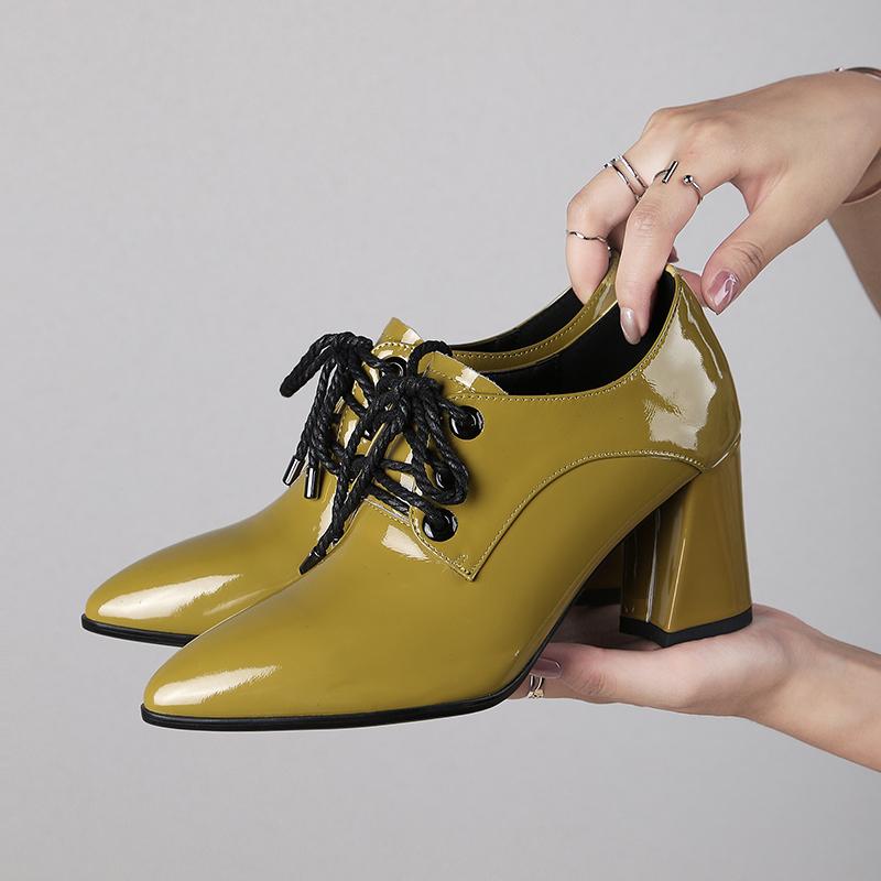 

Dress Shoes Fall Leather Brock Women Pointed Thick High Heels Ankle Boots Cross-Tied Casual Office Commuter Zapatillas Mujer 7.5CM, Yellow