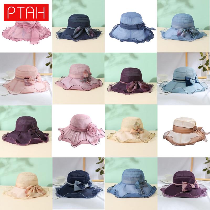 

[PTAH] 100% Mulberry Silk Hats Summer Sun Protection Breathable Cap Women's UPF50+ Beach Hat Shade Not Polyester Wide Brim, Blue;gray