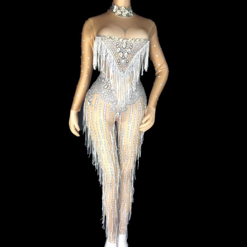 

Women' Jumpsuits & Rompers Sexy Tassels Rhinestone Jumpsuit Female Singer Dancer Leggings Costume Stretch Bodycon Bodysuit Nightclub Oufit, Beige