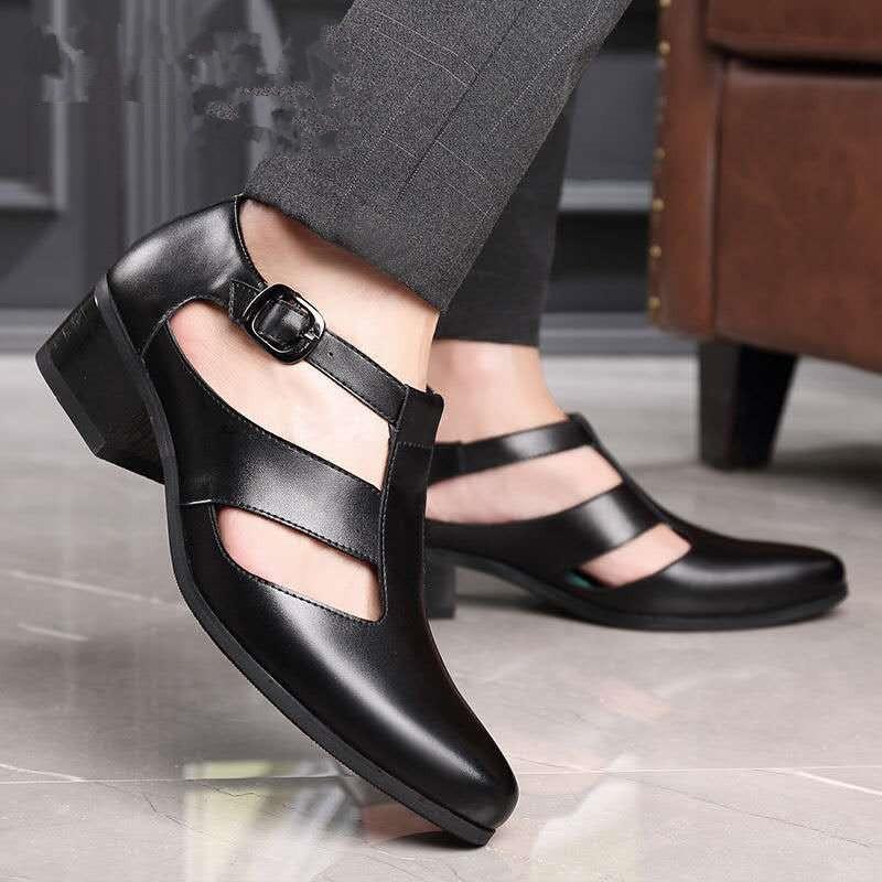 

Summer Sandals Mens PU Leather Buckle Hollow Breathble High Heels Shoes Casual Rome Style Trendy For Men Zapat Dress, Black hollow
