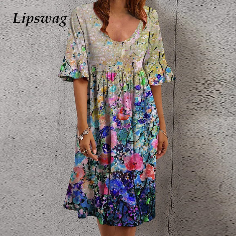 

2021 rero spring floral print party dresses women ruffle short sleeve summer dress casual round neck a-line beach dress vestidoshigh quality, Black;gray