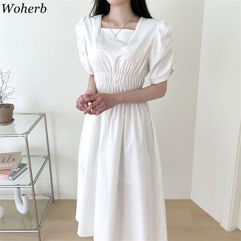 

Woman Dress Ropa Mujer Chic Pleated White Vestidos Femme Square Collar Puff Sleeve Robe Summer Slim Korean Dresses 210519