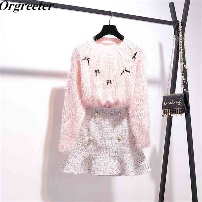 

Fall Spring Fashion Two Piece Set Women Bow Beaded O-neck Loose Mohair Sweater and Plaid Tweed Mermaid Skirt 210602, Only skirt