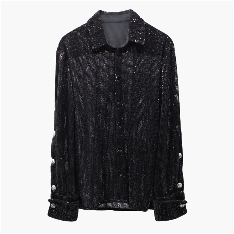 

HIGH QUALITY Fashion Designer Shirt Women's Long Sleeve Full Sequined Black Blouse 210521, Beige