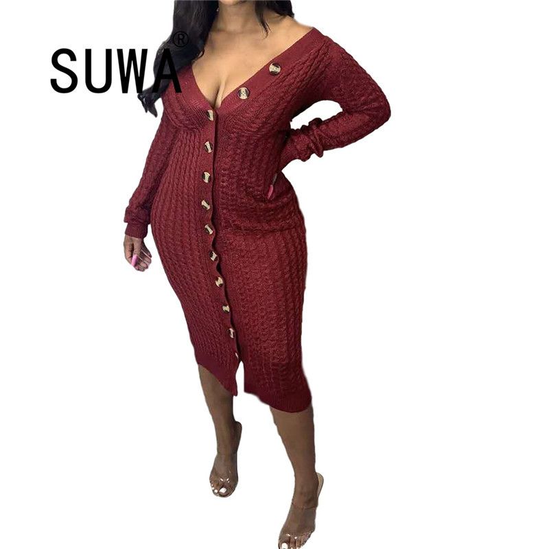 

Sweater Jacket Women Casual Solid Long Sleeve V Neck Midi Single Button Female Woman Dress Autumn Winter Fashion Femme Robe 210525, Burgundy
