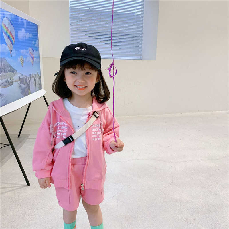 

Children Clothing Spring Summer Baby Girls Clothes Hooded Topds+ Shorts Outfit Suit Toddler Kids Tracksuit For 210615, Pink