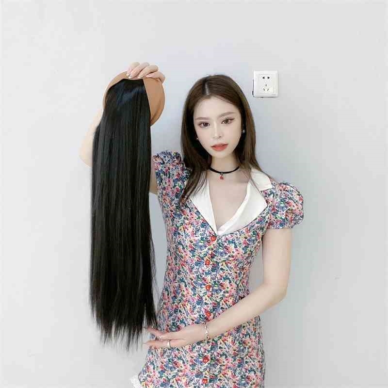 

women's Korean fashion wig dark long straight imitation leather wide edge hair hoop half head cover, Black
