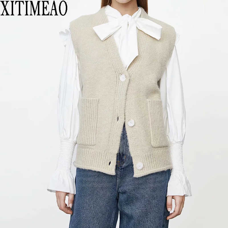 

Za Women Fashion Knitted Cardigan Vest Sweater V-neck Sleeveless Solid Color Loose Female Waistcoat Chic Tops XITIMEAO 210604, Khaki