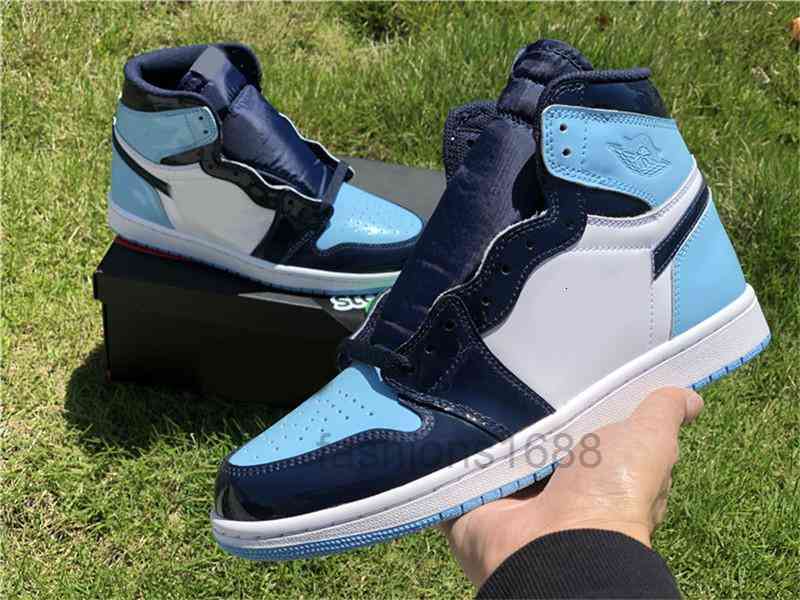 

test Authentic 1s High OG WMNS UNC Basketball Shoes For Women Obsidian Blue Chill White Patent Leather Sneakers With Original, 01