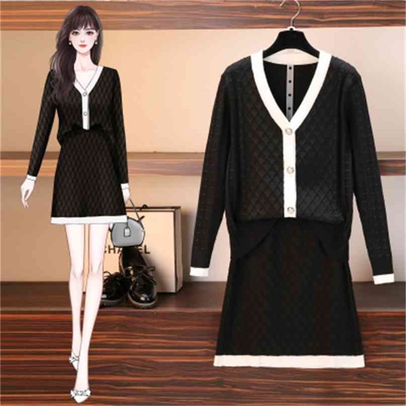 

Women's suit dress autumn and winter sweater with skirt 2-piece women's high waist knitted annual party 210520, Black