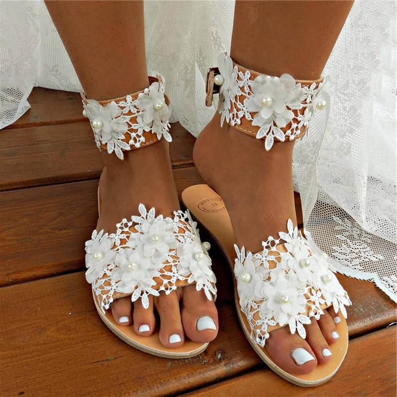 

Sandals Summer Women White Flat Luxury Pearls Bridal Wedding Shoes Lace Flowers Ankle Strap Beach Roman Slippers, Brown