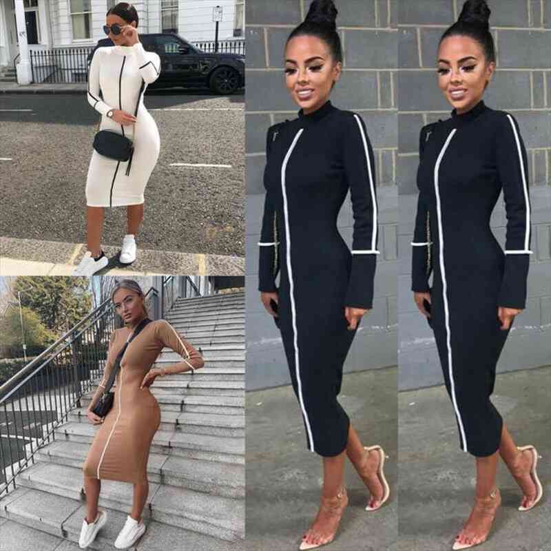 

Sexy Dress Arrival Temperament Womens Summer Long Sleeve Contrast Color Fitness Pencil Midi Dress Sexy Bodycoon, Black;gray