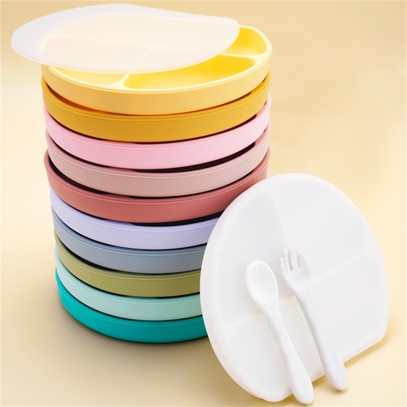 Fashion Baby Silicone Plate Kids Bowl s Keep Fresh With Lid Divided Dinner Waterproof and Heat Insulation Tablew 211026-image-735205671