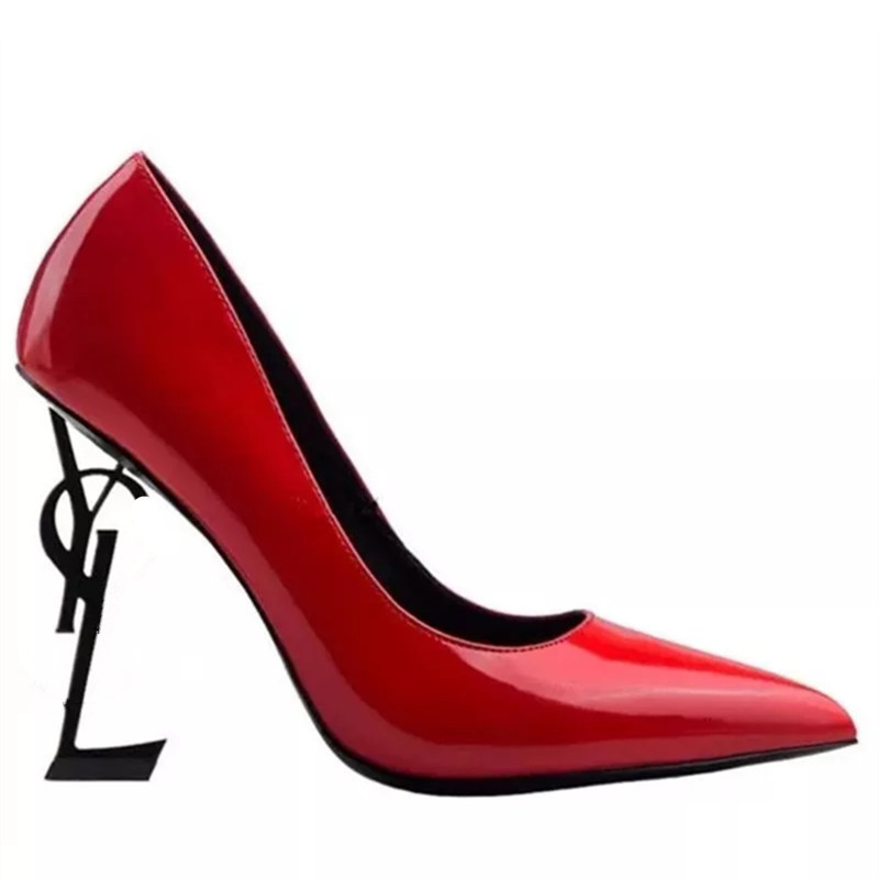 

New Autumn Women Patent Leather High Heels Shoes Woman Pointed Toe Metal Heel French Style Pumps Sexy Ladies Outdoor Wedding Party Shoe Big Size 34-43, Champagne