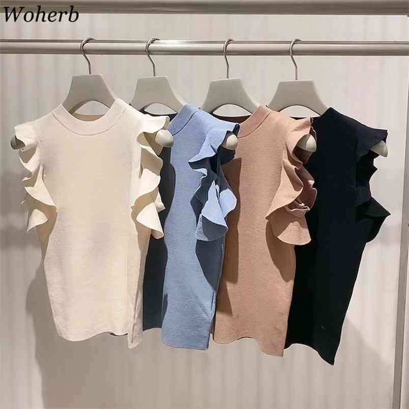 

Summer Short Ruffle Sleeve Knit Sweater Women O Neck Off Shoulder Pullover Fashion Ladies Casual All Match Tops 210519, Beige