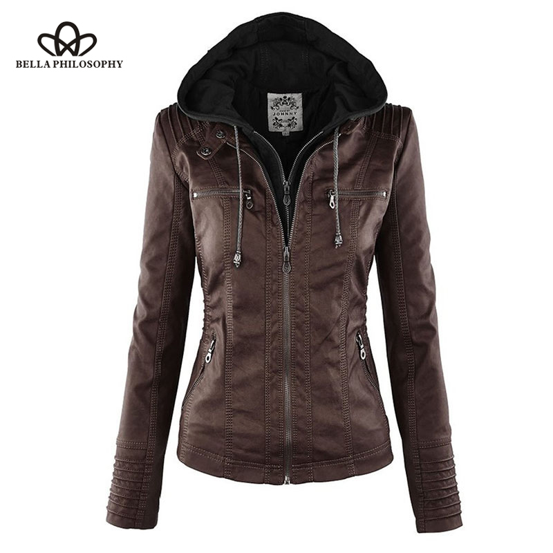 

Bella Philosophy Moto Jacket women Zipper coat Turn Down Collor Ladies Outerwear faux leather PU female Jacket Coat, Black