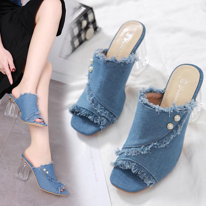 

Fringe Female Shoes Low Square Heel Glitter Slides Ladies' Slippers Women Heels Peep Toe 2021 Block Denim Jelly Soft High