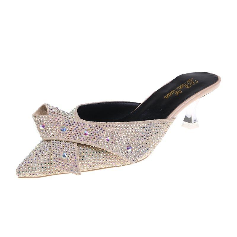 

Bow Knot Baotou Half Slippers Female Pointed Stiletto Heels 2021 Summer Korean Fashion Rhinestone Sandals, Beige white