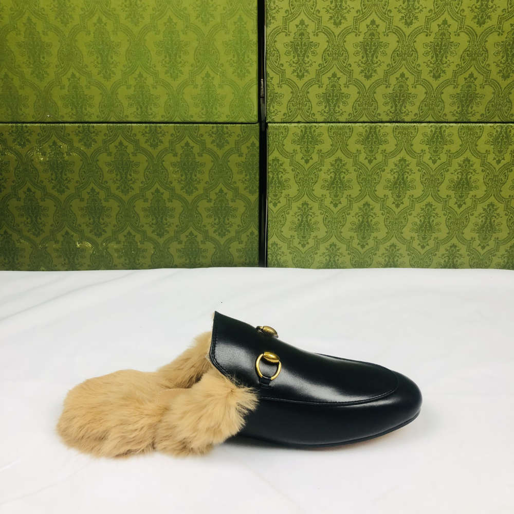 

winter men women fur slippers Princeton Loafers Warm Wool slides male Half slipper with authentic soft cowhide Flat bottom Metal, 36