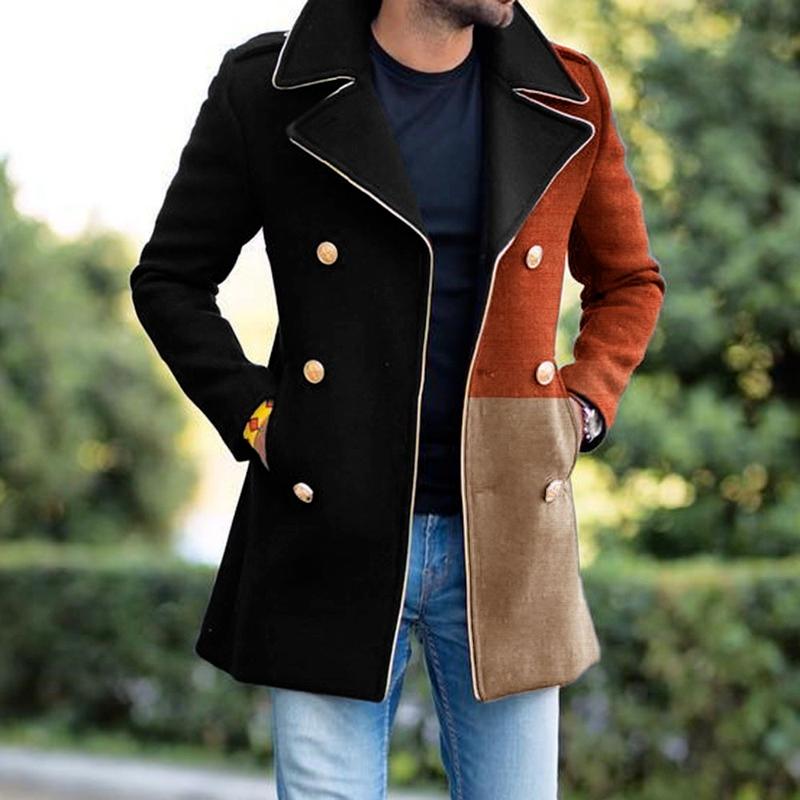 

Men's Wool & Blends Men Clothing 2022 Fall/winter Style Coat Lapel Youth Color Matching Casual Double-breasted Trench Male, Black