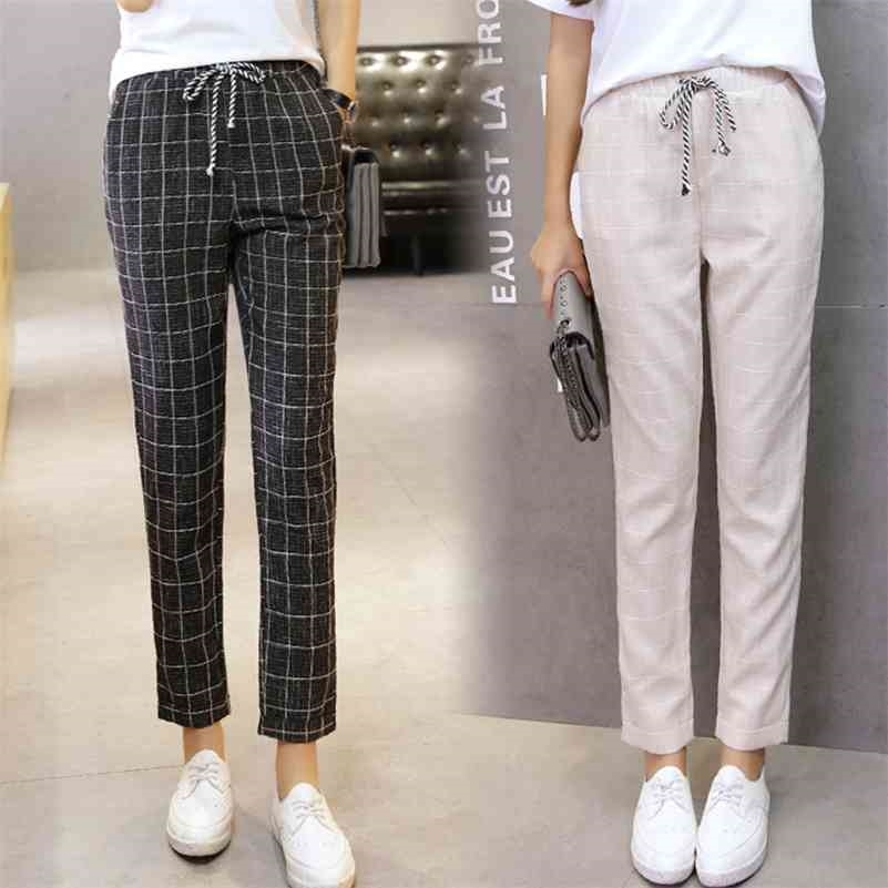 

summer women's spring pants elastic waist plaid casual pencil pants fashion ankle-length harem pants lady trousers female 210518, Beige