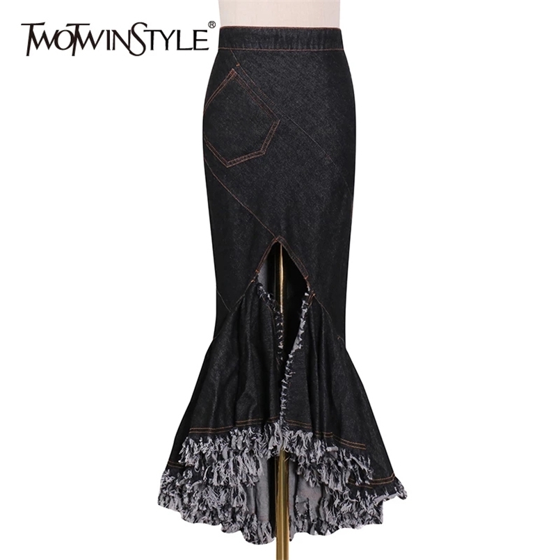 

Asymmetrical Bodycon Denim Skirt For Women High Waist Patchwork Tassel Midi Skirts Female Fashion Clothing 210521, Black