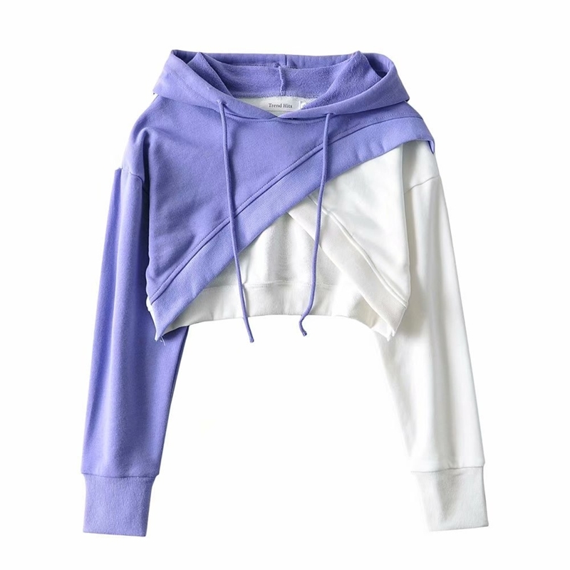 

2021 new autumn Hoodie cross color contrast long sleeve short sweater for women, Black and white mosaic